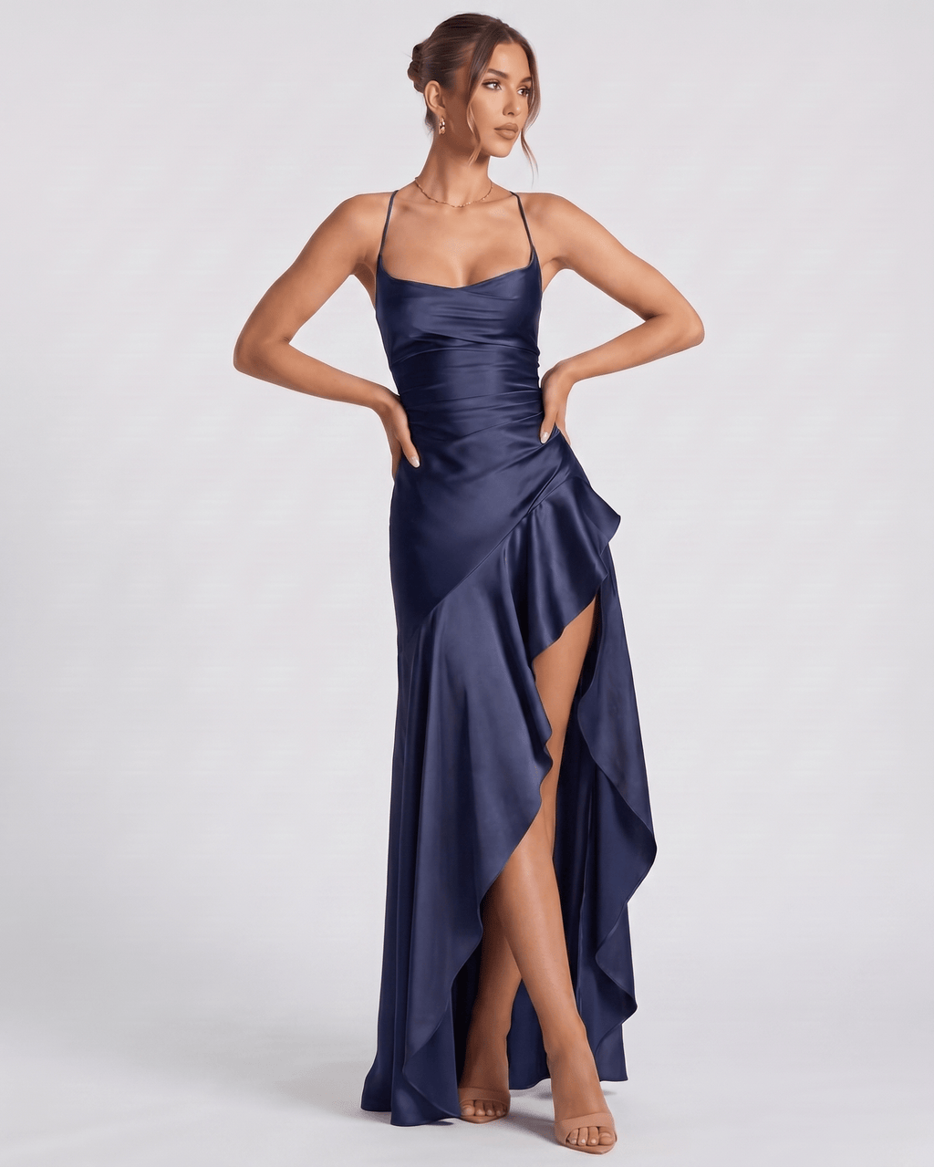Veloura Maxi Dress by Lauven — satin spaghetti strap cowl neck bodycon maxi dress