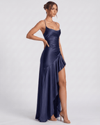 Veloura Maxi Dress by Lauven — satin spaghetti strap cowl neck bodycon maxi dress
