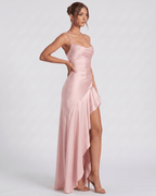 Veloura Maxi Dress by Lauven — satin spaghetti strap cowl neck bodycon maxi dress