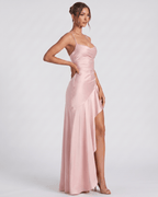 Veloura Maxi Dress by Lauven — satin spaghetti strap cowl neck bodycon maxi dress
