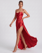 Veloura Maxi Dress by Lauven — satin spaghetti strap cowl neck bodycon maxi dress