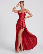 Veloura Maxi Dress by Lauven — satin spaghetti strap cowl neck bodycon maxi dress
