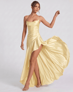 Veloura Maxi Dress by Lauven — satin spaghetti strap cowl neck bodycon maxi dress