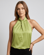 Veloura Top by Lauven — green women’s satin halter top sleeveless high neck blouse style