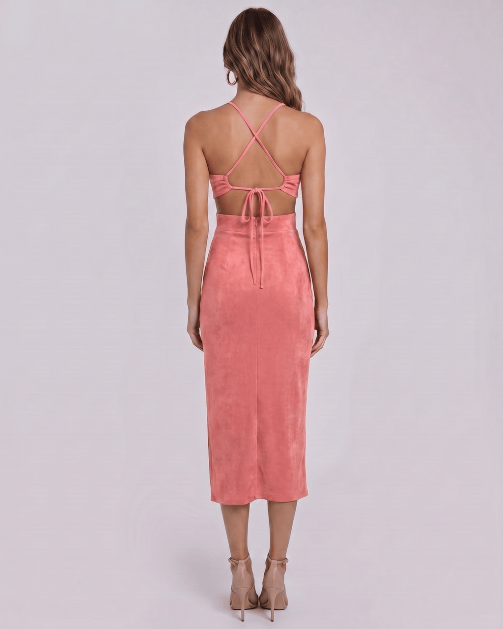 Sable Midi Dress by Lauven — suede-touch polyester blend sleeveless crew neck slim midi dress