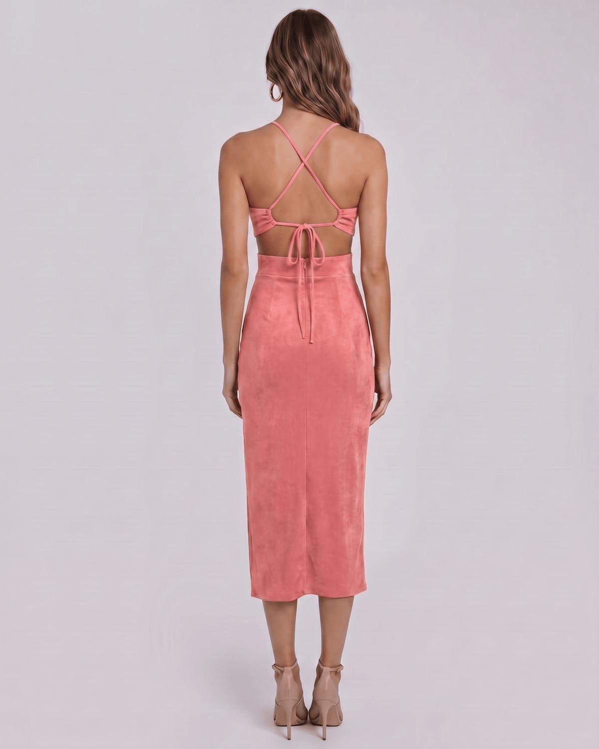 Sable Midi Dress by Lauven — suede-touch polyester blend sleeveless crew neck slim midi dress