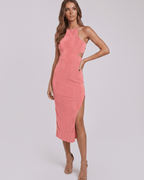 Sable Midi Dress by Lauven — suede-touch polyester blend sleeveless crew neck slim midi dress