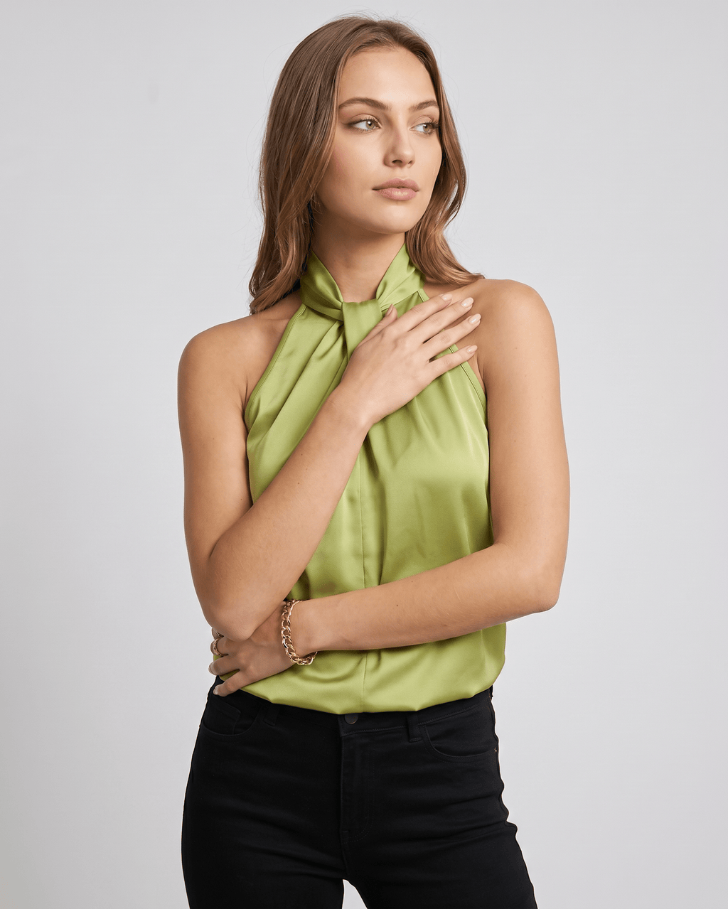 Veloura Top by Lauven — women’s satin halter top sleeveless high neck blouse style