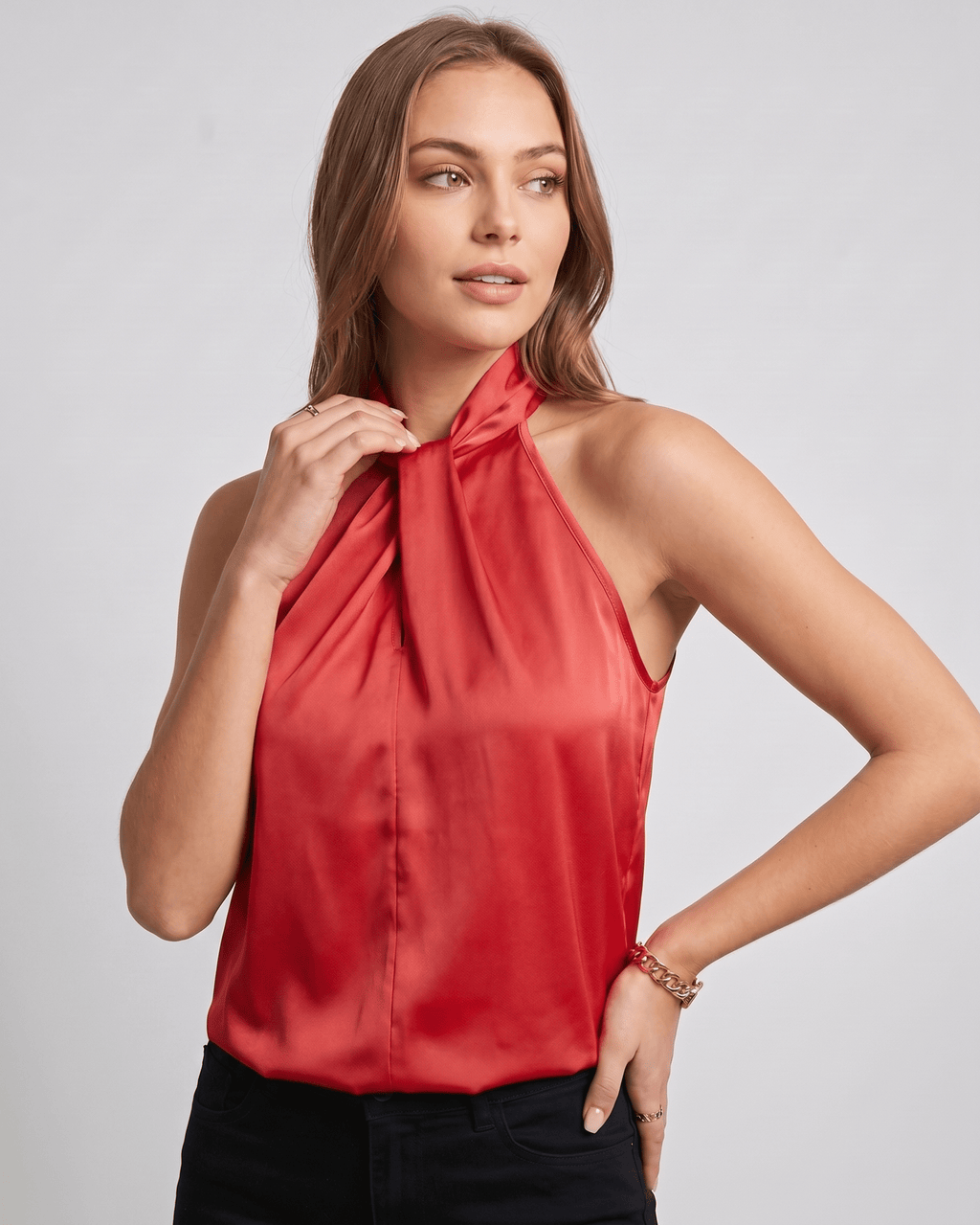 Veloura Top by Lauven — women’s satin halter top sleeveless high neck blouse style