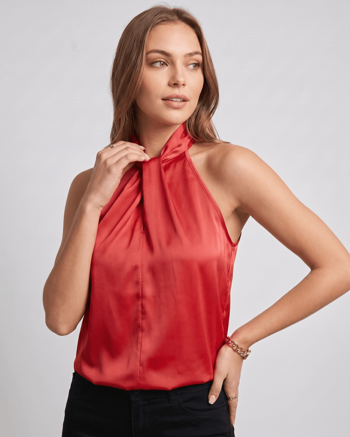 Veloura Top by Lauven — women’s satin halter top sleeveless high neck blouse style