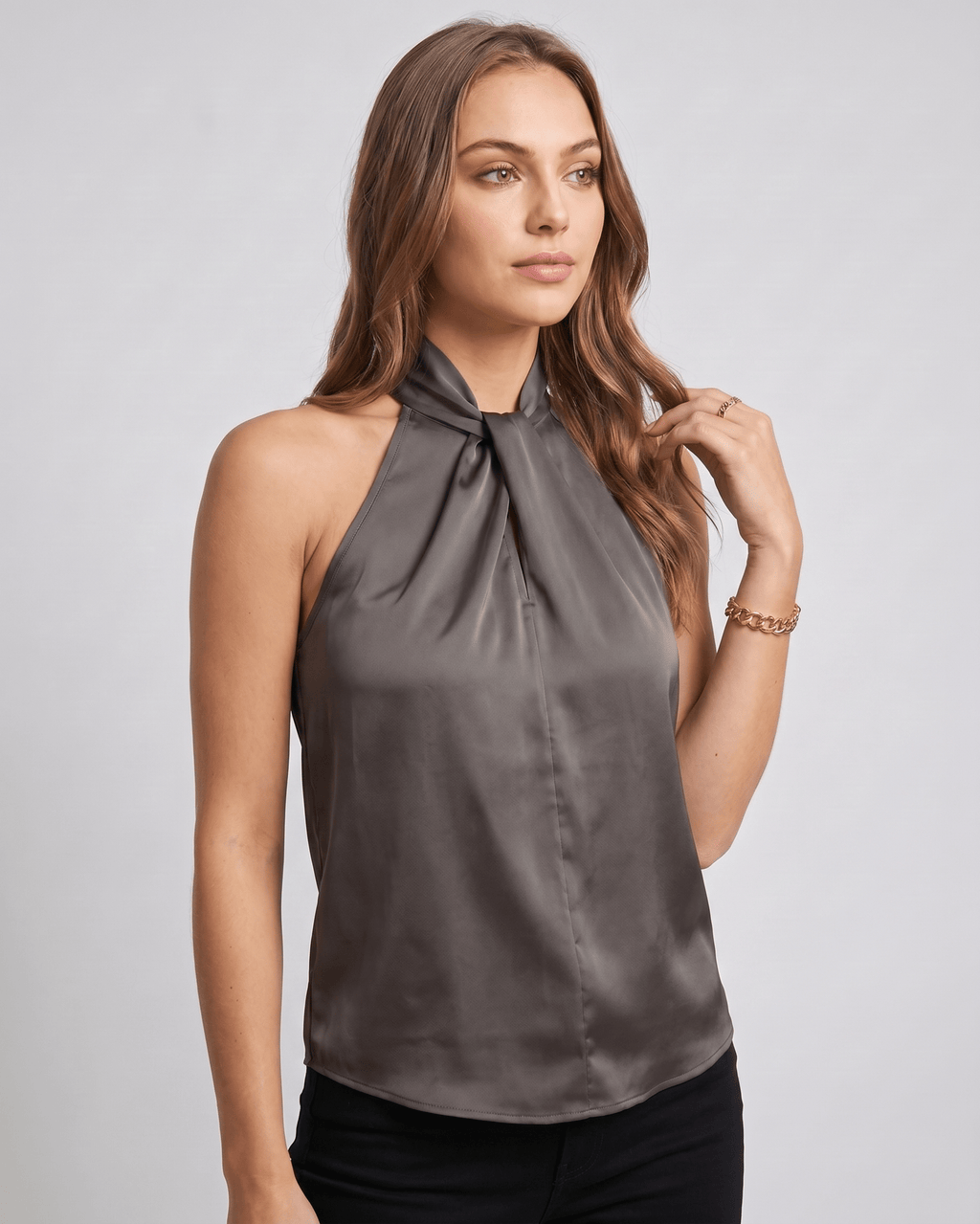 Veloura Top by Lauven — women’s satin halter top sleeveless high neck blouse style