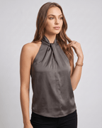 Veloura Top by Lauven — women’s satin halter top sleeveless high neck blouse style