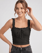Elowen Top by Lauven — women’s eyelet embroidery crop top with ruffle straps and bow front sleeveless summer cami