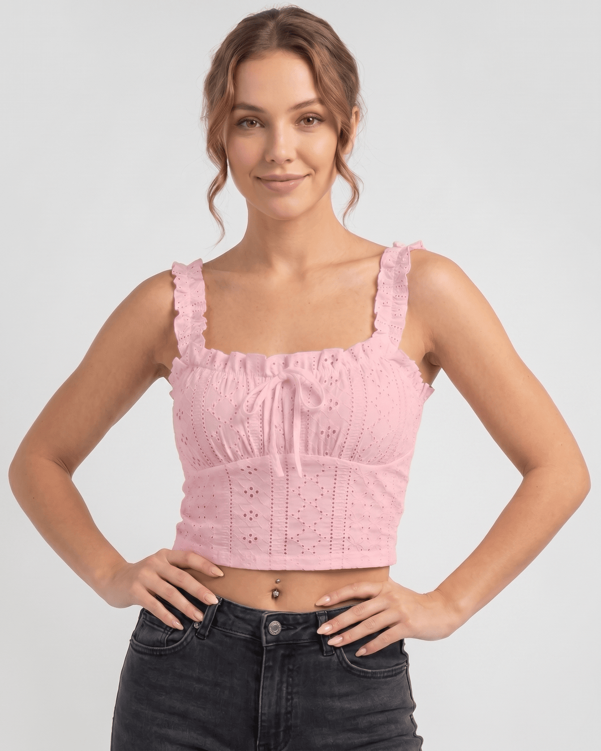 Elowen Top by Lauven — women’s eyelet embroidery crop top with ruffle straps and bow front sleeveless summer cami