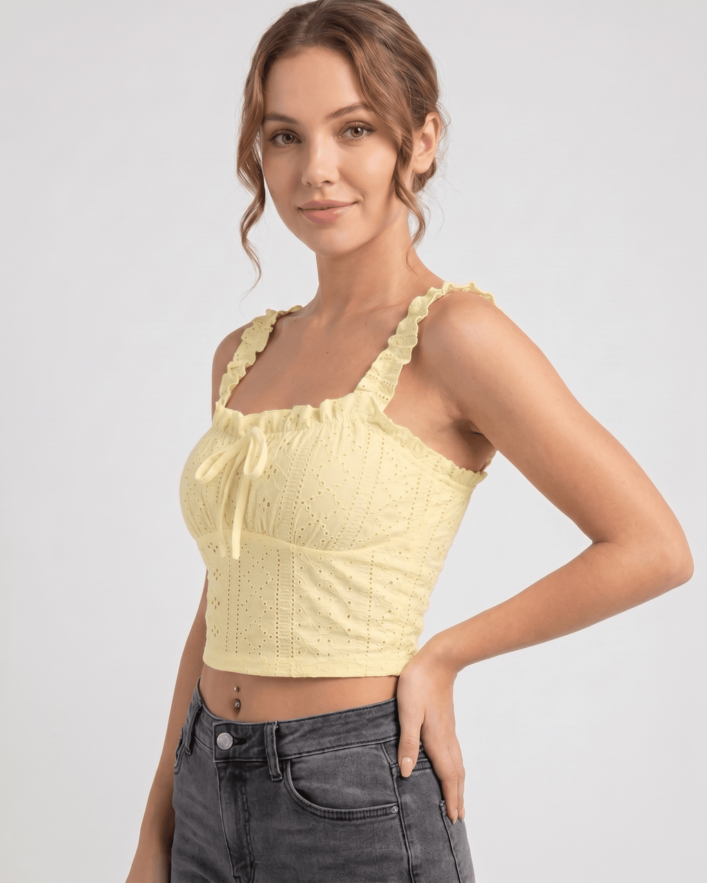 Elowen Top by Lauven — women’s eyelet embroidery crop top with ruffle straps and bow front sleeveless summer cami