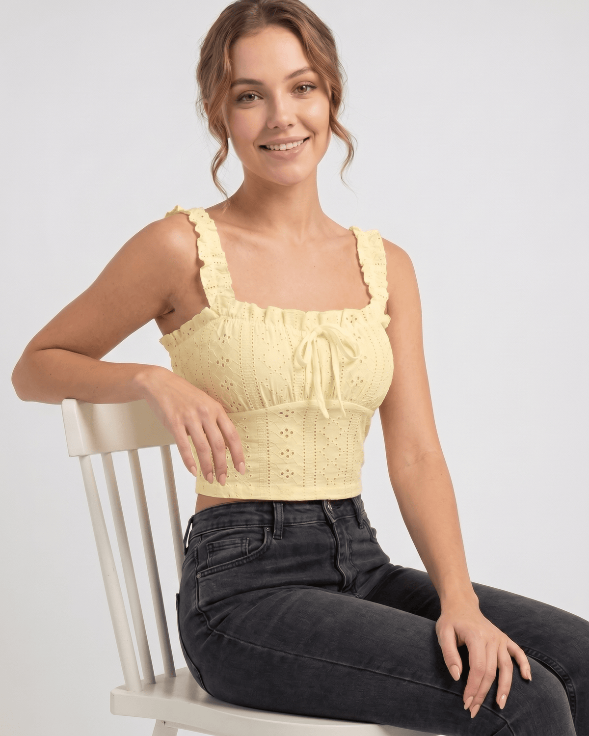 Elowen Top by Lauven — women’s eyelet embroidery crop top with ruffle straps and bow front sleeveless summer cami