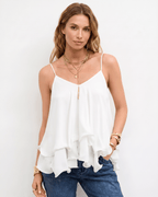 Aureline Top by Lauven — white women’s layered chiffon top with V-neck spaghetti straps and flowy ruffle hem