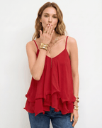 Aureline Top by Lauven — women’s layered chiffon top with V-neck spaghetti straps and flowy ruffle hem