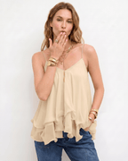 Aureline Top by Lauven — women’s layered chiffon top with V-neck spaghetti straps and flowy ruffle hem