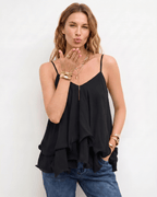 Aureline Top by Lauven — women’s layered chiffon top with V-neck spaghetti straps and flowy ruffle hem