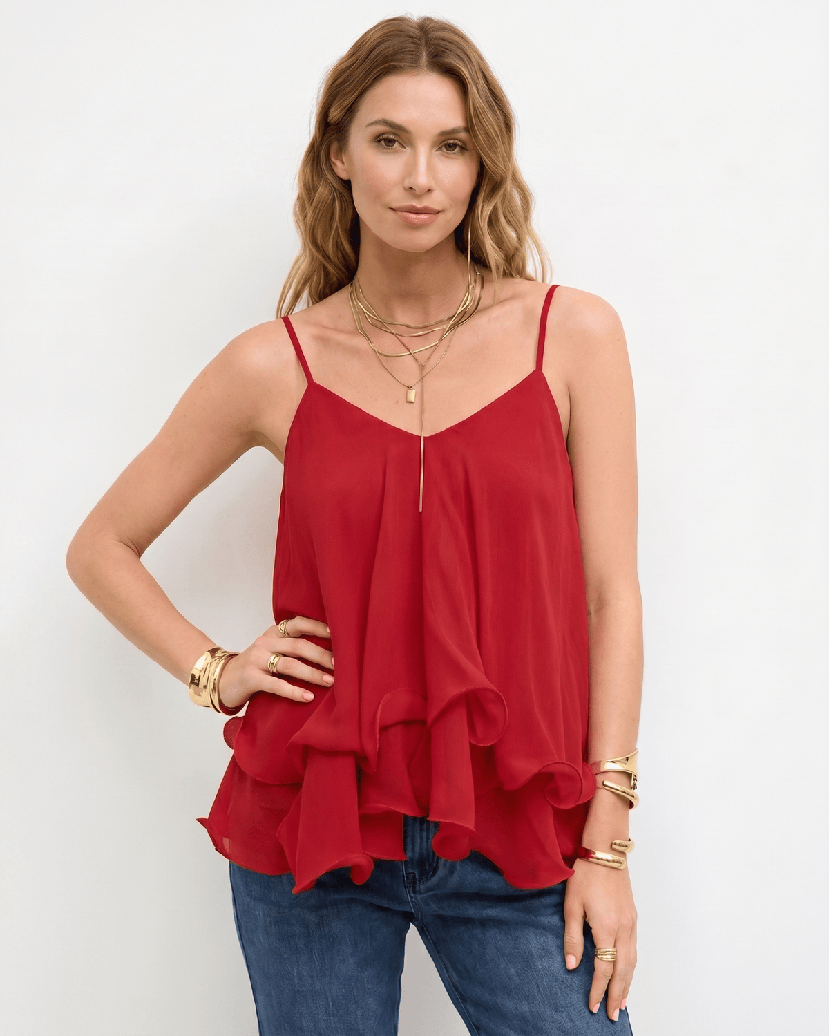 Aureline Top by Lauven — women’s layered chiffon top with V-neck spaghetti straps and flowy ruffle hem