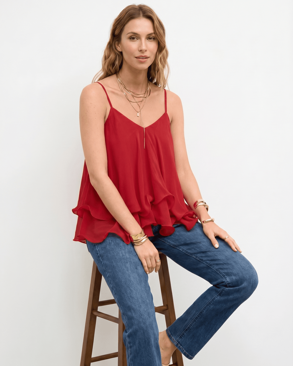 Aureline Top by Lauven — women’s layered chiffon top with V-neck spaghetti straps and flowy ruffle hem