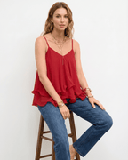 Aureline Top by Lauven — women’s layered chiffon top with V-neck spaghetti straps and flowy ruffle hem