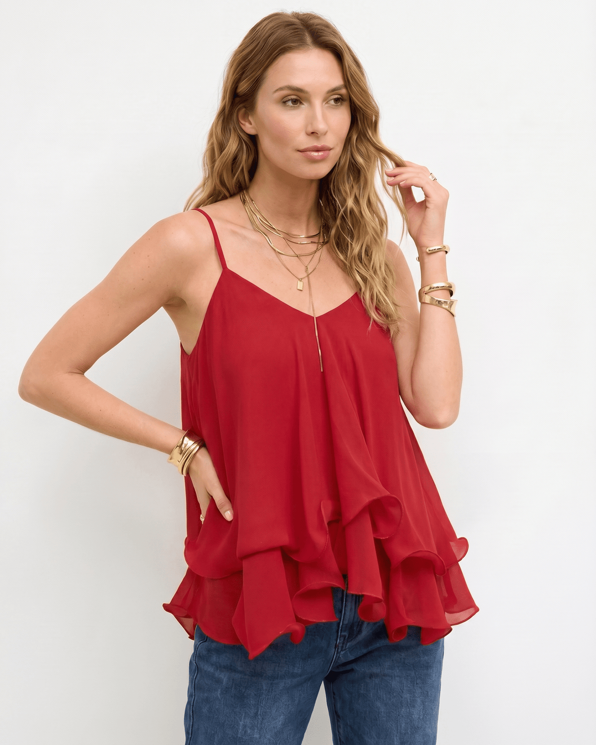 Aureline Top by Lauven — women’s layered chiffon top with V-neck spaghetti straps and flowy ruffle hem