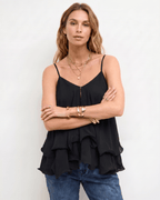 Aureline Top by Lauven — women’s layered chiffon top with V-neck spaghetti straps and flowy ruffle hem