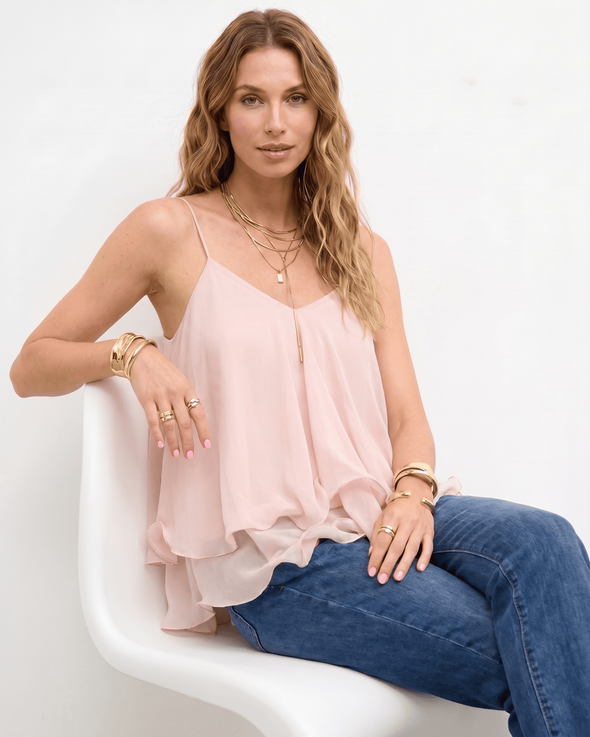 Aureline Top by Lauven — women’s layered chiffon top with V-neck spaghetti straps and flowy ruffle hem