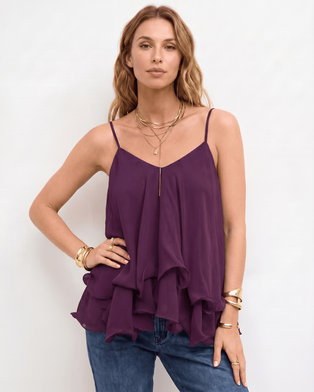 Aureline Top by Lauven — women’s layered chiffon top with V-neck spaghetti straps and flowy ruffle hem