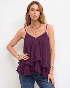 Aureline Top by Lauven — women’s layered chiffon top with V-neck spaghetti straps and flowy ruffle hem