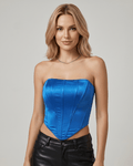 Veloura Corset Top by Lauven — blue women’s satin corset top strapless tube crop top with structured panel design
