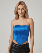 Veloura Corset Top by Lauven — blue women’s satin corset top strapless tube crop top with structured panel design