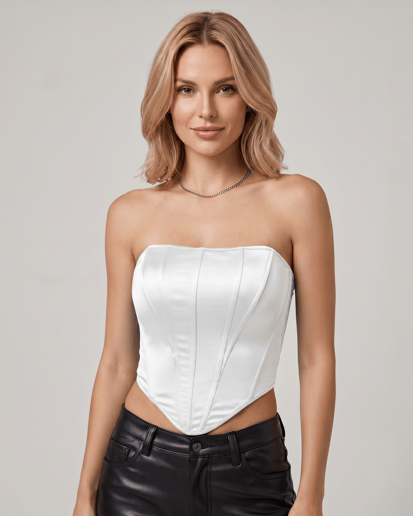 Veloura Corset Top by Lauven — white women’s satin corset top strapless tube crop top with structured panel design