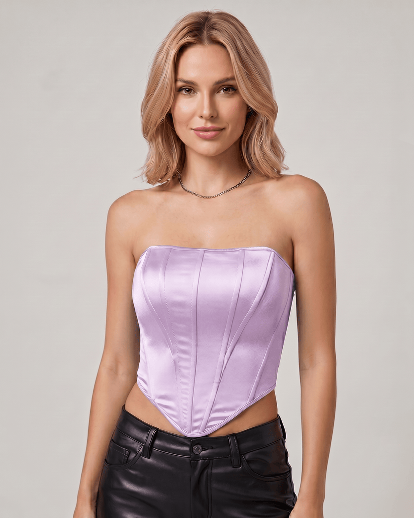 Veloura Corset Top by Lauven — lilac women’s satin corset top strapless tube crop top with structured panel design