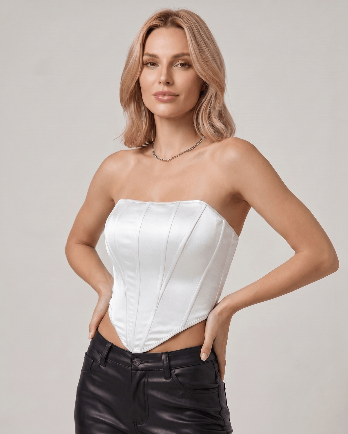 Veloura Corset Top by Lauven — women’s satin corset top strapless tube crop top with structured panel design