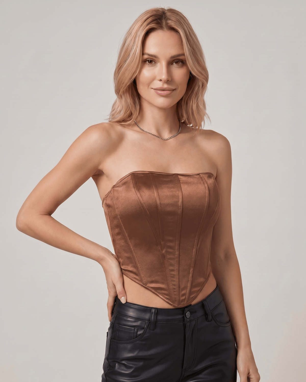 Veloura Corset Top by Lauven — women’s satin corset top strapless tube crop top with structured panel design