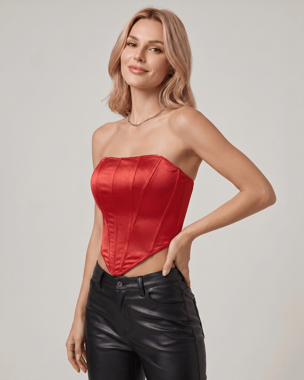 Veloura Corset Top by Lauven — women’s satin corset top strapless tube crop top with structured panel design