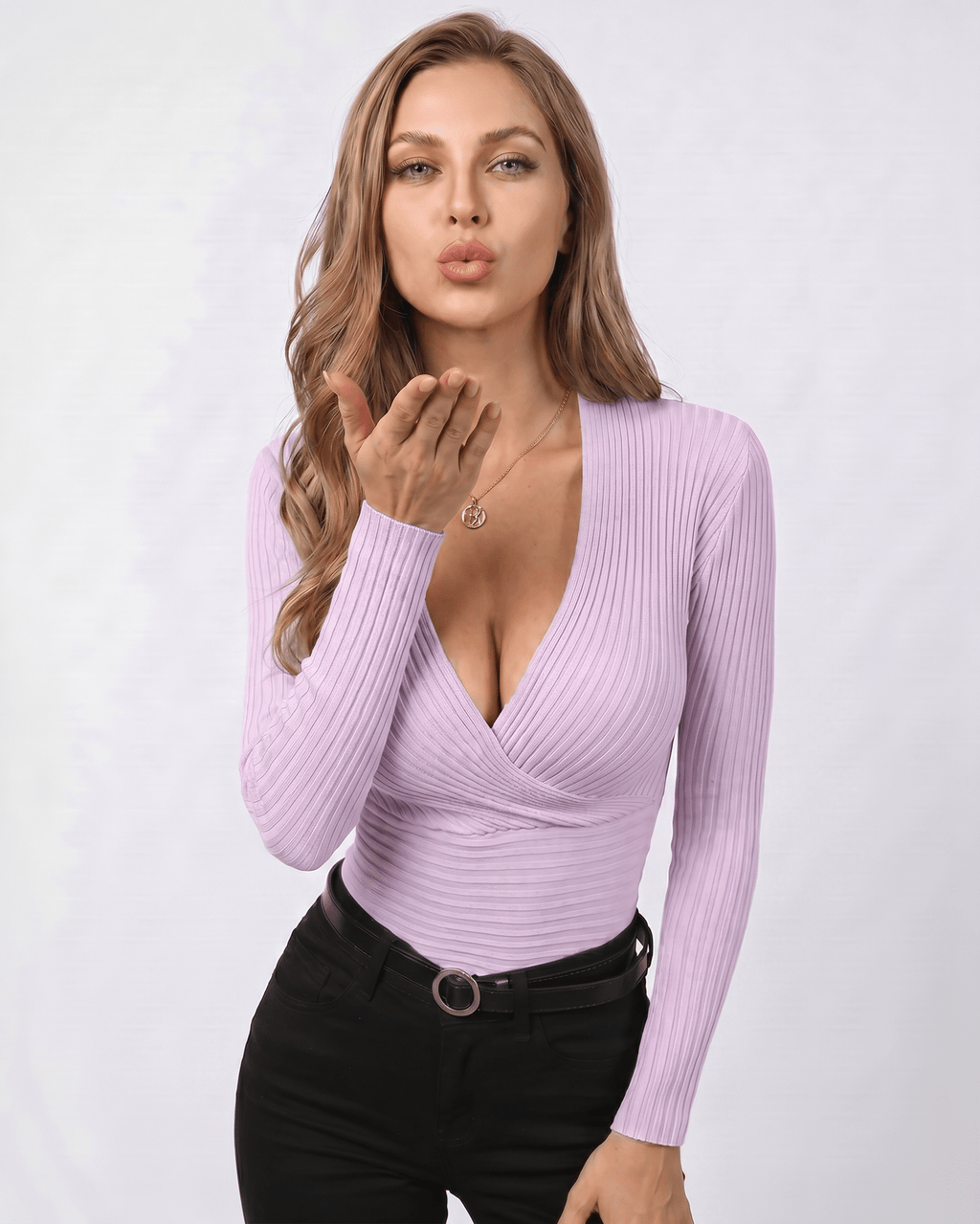 Veloura Sweater by Lauven — women’s ribbed wrap sweater with long sleeves and V-neck design