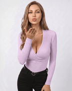 Veloura Sweater by Lauven — women’s ribbed wrap sweater with long sleeves and V-neck design
