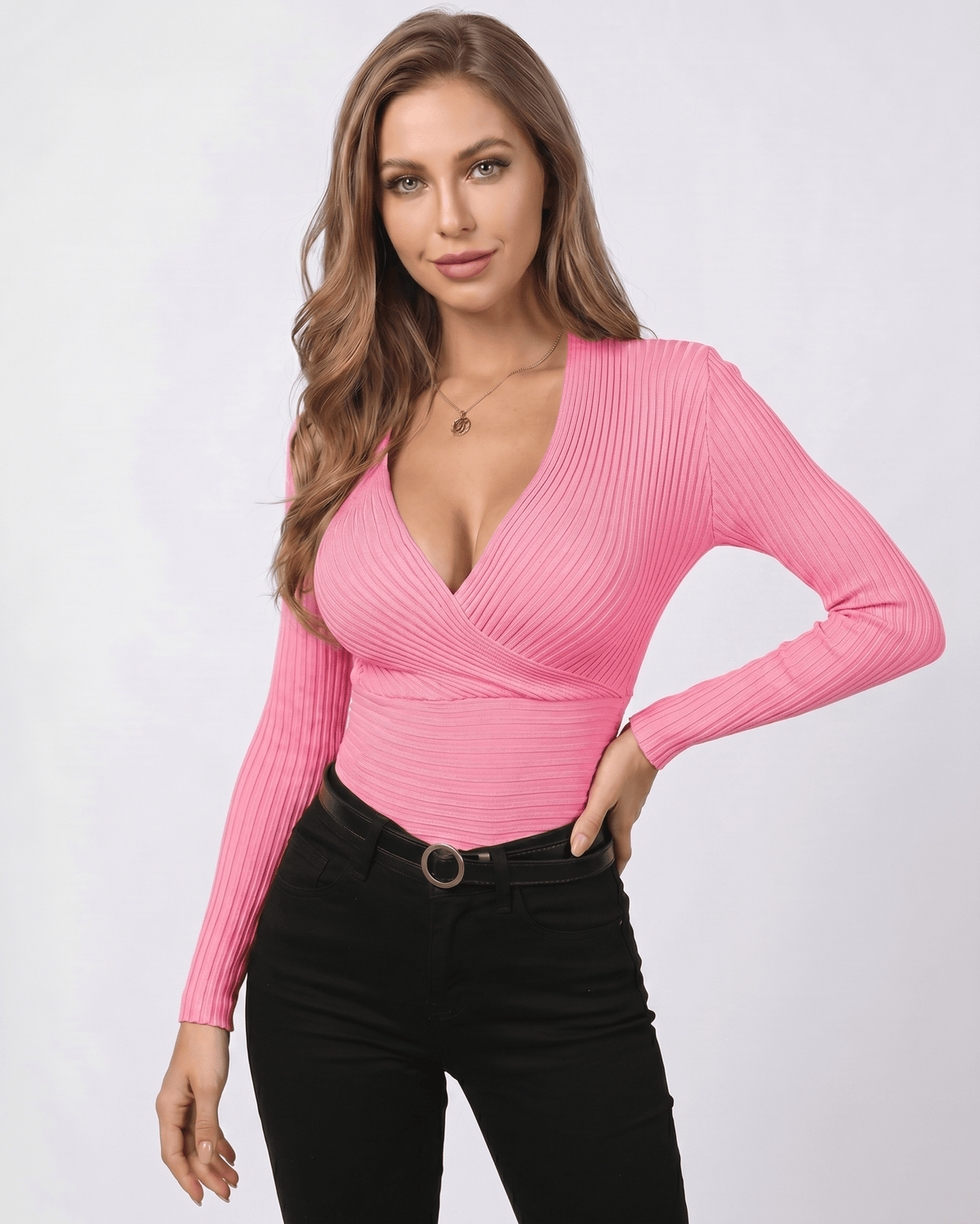 Veloura Sweater by Lauven — women’s ribbed wrap sweater with long sleeves and V-neck design