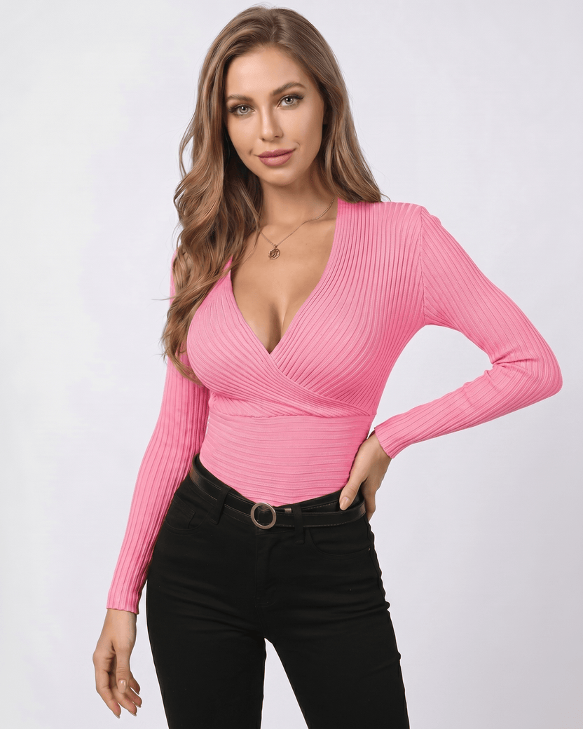Veloura Sweater by Lauven — women’s ribbed wrap sweater with long sleeves and V-neck design