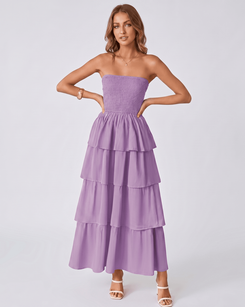 Solenne Maxi Dress by Lauven — lilac lightweight sleeveless strapless tiered maxi dress