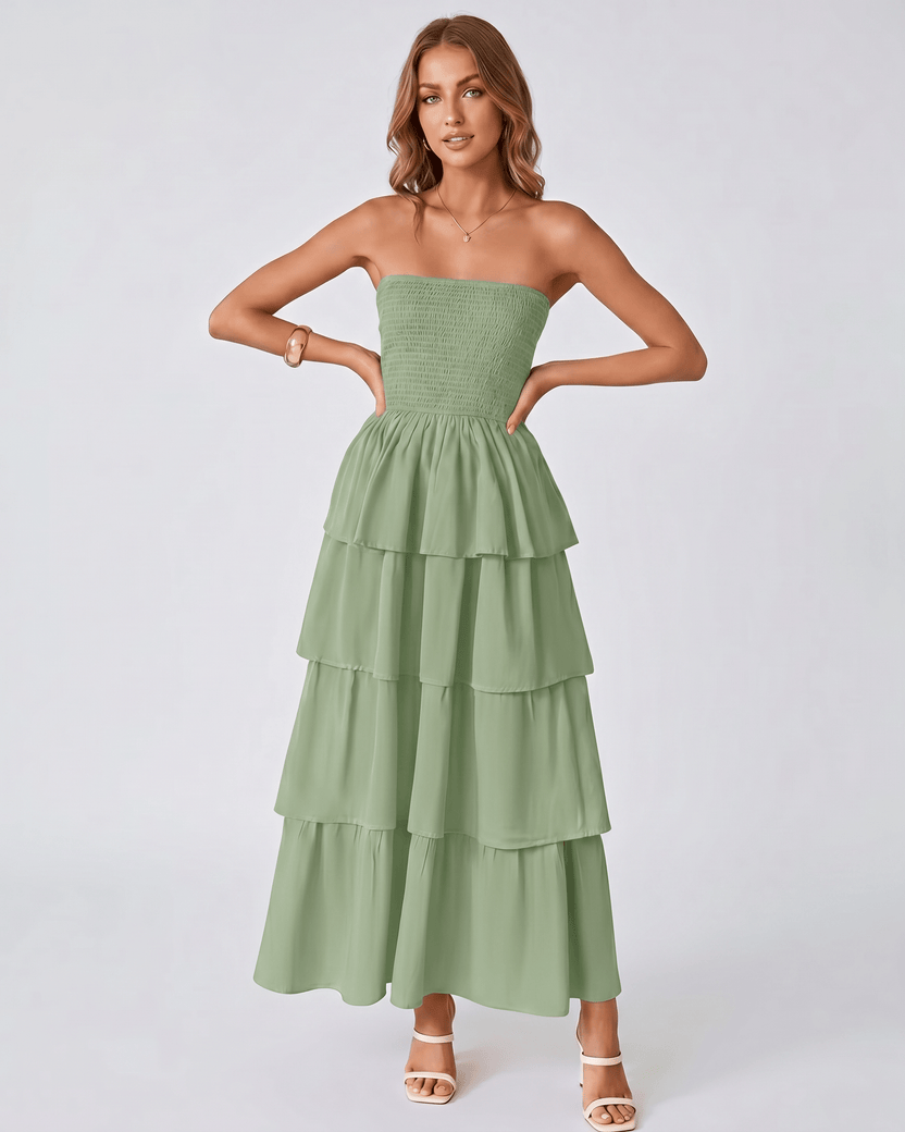 Solenne Maxi Dress by Lauven — green lightweight sleeveless strapless tiered maxi dress