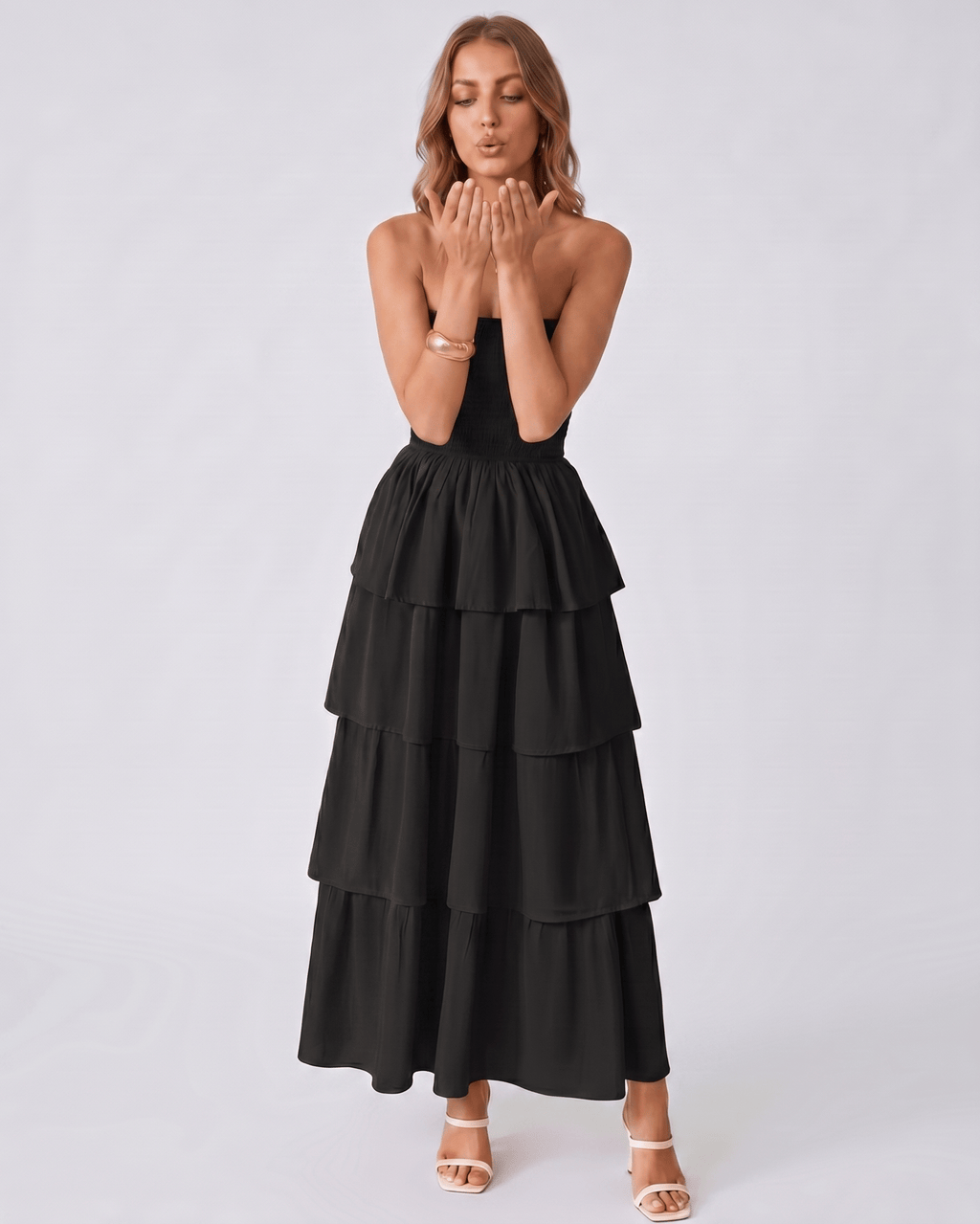 Solenne Maxi Dress by Lauven — lightweight sleeveless strapless tiered maxi dress