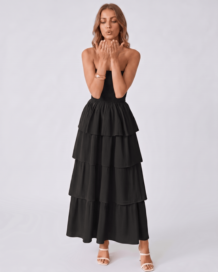 Solenne Maxi Dress by Lauven — lightweight sleeveless strapless tiered maxi dress