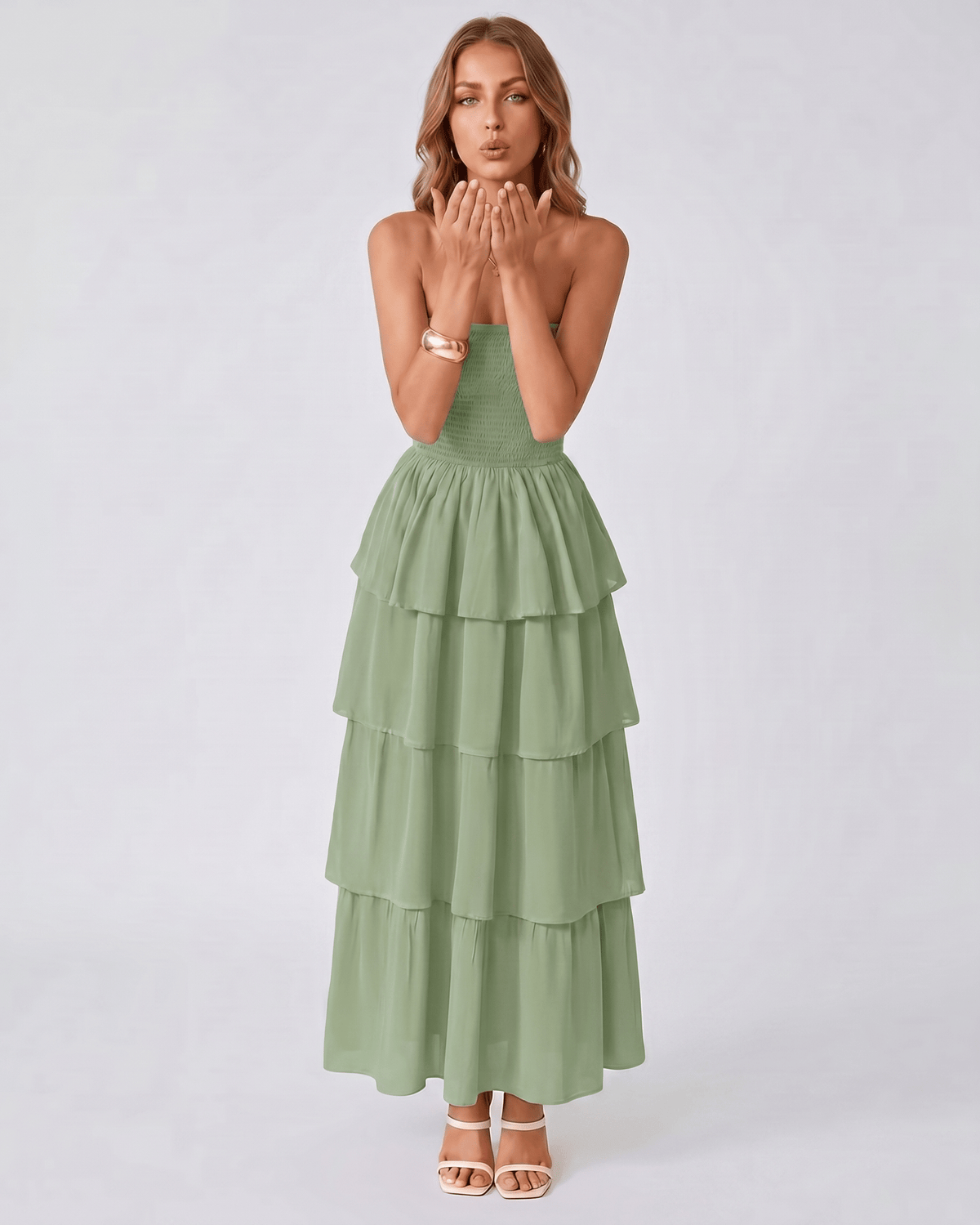 Solenne Maxi Dress by Lauven — lightweight sleeveless strapless tiered maxi dress