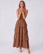 Solenne Maxi Dress by Lauven — lightweight sleeveless strapless tiered maxi dress