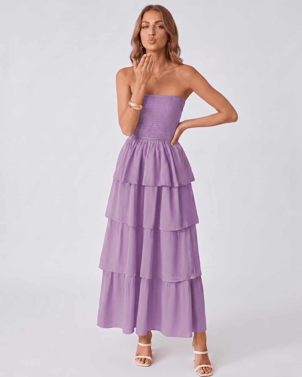 Solenne Maxi Dress by Lauven — lightweight sleeveless strapless tiered maxi dress